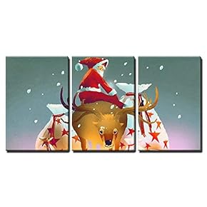 3 Piece Canvas Wall Art - Illustration - Santa Claus Sitting on His Reindeer with Gift Bags,Illustration Painting - Modern Home Art Stretched and Framed Ready to Hang - 16"x24"x3 Panels