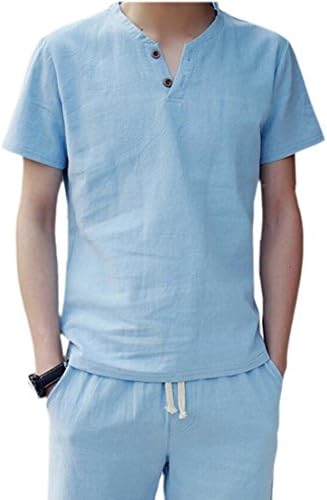ainr Mens Sets, Cotton Linen Short Sleeve T-Shirt and Shorts 2 Piece Set Sky Blue M