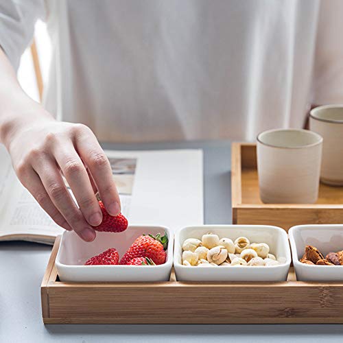 HaloVa Serving Tray, Removable Ceramic Compartment Bowls with Bamboo Tray, Snack Tray, Appetizer Tray, Fruit Tray, and Multifunctional, 4 Grids
