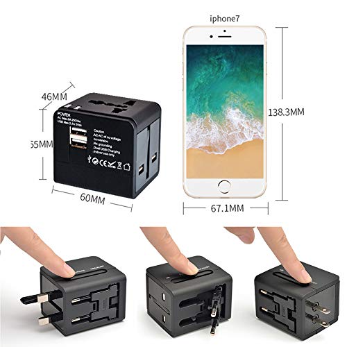 Travel Adapter, Universal Travel Adapter AC Power Plug Adapter with Dual USB Charging Interface for US UK, Europe Australia Asia, etc, Compatible with Mobile Phones and Laptops (Black)