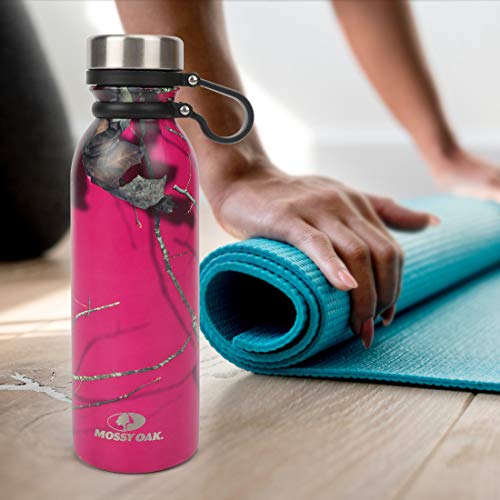 MOSSY OAK Vacuum-Insulated Stainless Steel Water Bottle - Double Walled Cola Shape Bottle - 20 Oz, Pink Camo - Keeps Drinks Cold for 24 Hours & Hot for 12 Hours