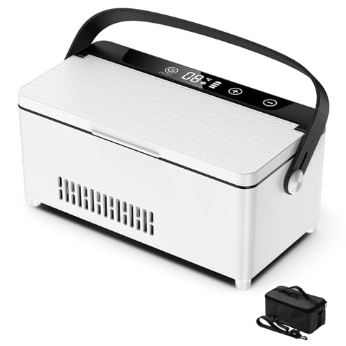 SOUNDCOUS Portable Insulin Cooler Refrigerated Box with Handle 2~8°C Keep Cooling with LED Display, Travel Medical Cooler Box with Handle for Car, Travel, Home, 1 Battery