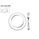 100 Heavyweight Elegant Plastic Disposable 7.5” Small Plates & 100 Silver Plastic Forks, Perfect for Salads, Desserts, Tapas, Appetizers, Hors d' oeuvres, Parties, Catering, Wedding Cakes