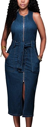 Women Denim Dress Summer Sleeveless Zip Up Bodycon Midi Jean Dresses with Belt