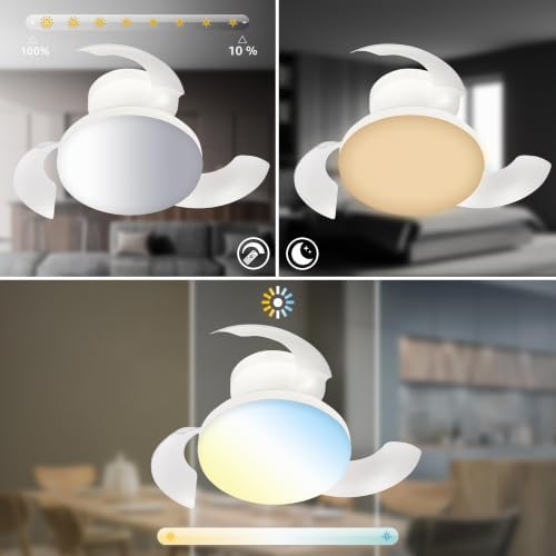 - Plafonnier ventilateur de plafond LED avec éclairage, télécommande, moteur DC silencieux à 3 vitesses, CCT et intensité réglable, pales rétractables, plafonnier ventilateur, 44 cm, blanc