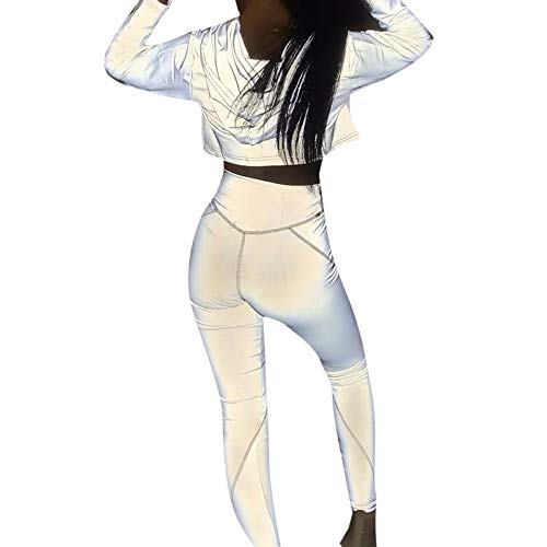 Crop Top Flash Reflective Women Jacket Casual Hoodies Fashion Streetwear 2019 Autumn Winter Female Zipper Sweatshirt(White, L)