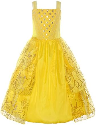 ReliBeauty Girls Sleeveless Sequin Princess Belle Costume Dress up, Yellow, 10