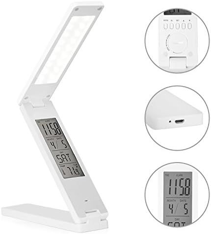 Dollermy Table Lamp , Portable Dimmable LED desk Lamp , Folding Lamp with USB Charging Port ,Touch Control, Built-In Clock ,Calendar, Thermometer Alarm Clock and humidometer