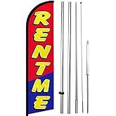 4LessCo RENT ME - Windless Swooper Flag Feather Banner Sign 15 ft Tall Large Pole Spike Kit rf-h,Red