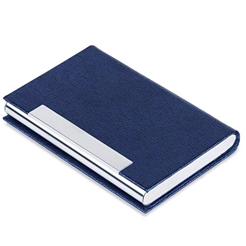 Business Card Holder Business Card Case - JuneLsy Luxury PU Leather and Stainless Steel Metal Card Holder for Women with Magnetic Shut Keep Business Cards Clean (Blue-7)