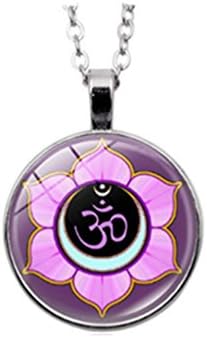 Om Symbol Necklace Yoga Jewelry Purple Flower Art Pendant (Silver)