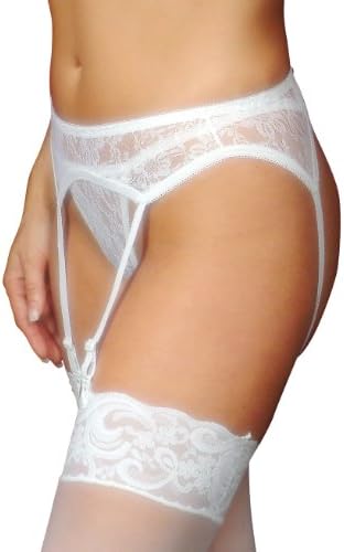 SpicySpot Lace Garter Belt With Matching Thong and Lace Top Sheer Stocking, L/XL, White