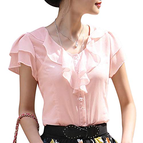Aro Lora Women'S Short Sleeve Round Neck Lotus Leaf Ruffle Shirt Blouse Large Pink (7755825345920)