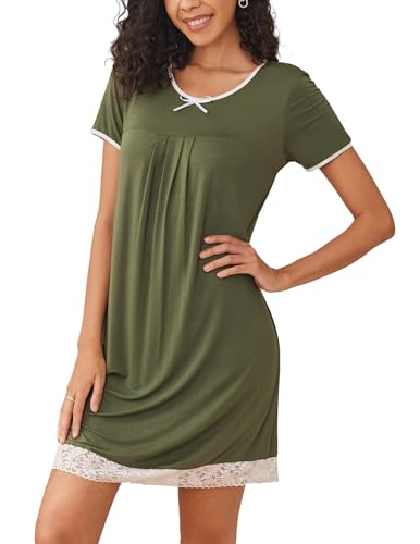 Hotouch Ladies Sleepshirts Causal Short Sleeve Nightwear Soft Chemise Nightgown Lace Trim Nightdress Scoopneck Sleepdress (Green, Medium)