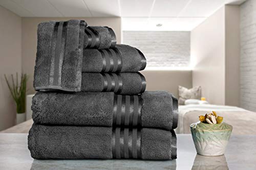 Casa Lino - Premium Quality Zero Twist, Air Soft, 6 Piece Towel Set, 2 Bath Towels, 2 Hand Towels 2 Washcloths, Machine Washable, Hotel Quality, Towel Gift Set- Dove Cotton Collection (Dark Grey)