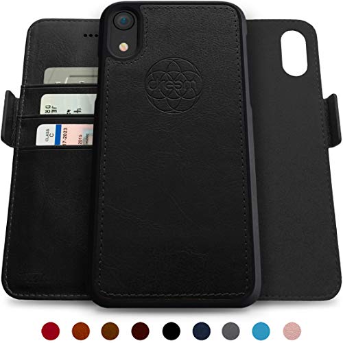Dreem Fibonacci 2-in-1 Wallet-Case for iPhone XR Magnetic Detachable Unbreakable TPU Slim-Case, Wireless Charge, RFID Protection, 2-Way Stand, Luxury Vegan Leather, Gift-Box - Black
