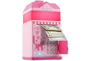 OYE HOYE Piggy Bank, Pink ATM Plastic Piggy Bank for Real Money, Gift Toys for Girls Boys Kids Birthday, Cute Electronic Cash Coin Code with Night Light, Musics & Auto Scroll