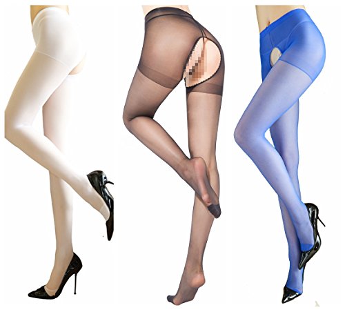 LifeVV Womens 3 Pairs Sheer Stocking Crotchless Pantyhose Sexy Pantyhose (White+Black+Blue)