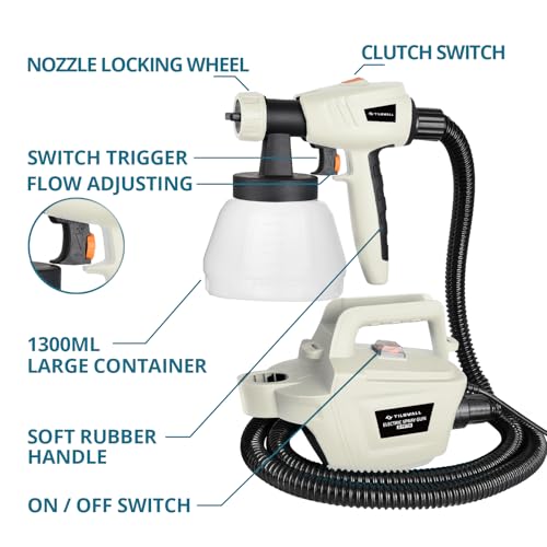 Tilswall Paint Sprayer, 800W HVLP 1200ML/Min Electric Spray Paint Gun with 2.5M Air Hose, 1300ML Detachable Container, 3 Nozzle Sizes & 3 Patterns, Power Painter for Furniture, Cabinet (White)