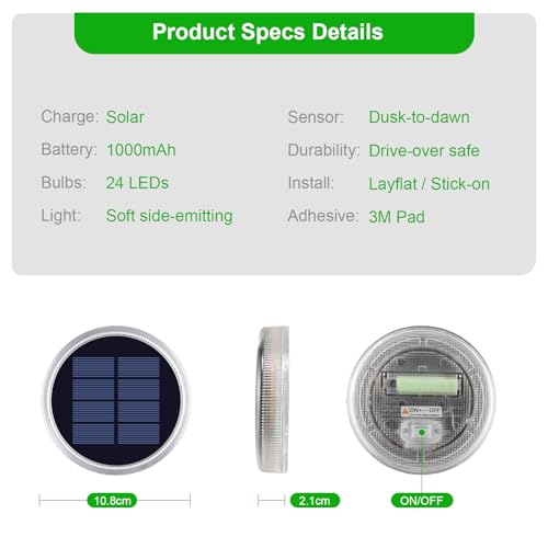 YiLaie Twilight Solar Lights Outdoor Garden 24 LEDs, 11 cm Solar Beacon Circular Floor Adhesive Lighting 360°, IP68 Waterproof for Path, Parking, Stairs, Sidewalk, Warm White (4 Pack)