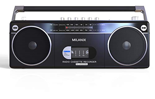 Milanix Portable Boombox Stereo Tape Cassette Player/Recorder with Bluetooth, USB, SD, AM/FM Radio and Headphone Jack- Black