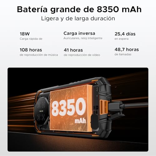 DOOGEERugged FIRE3ULTRA Movil Irrompible Android 15, 5.5" HD+ 8350mAh Batería Móvil Rugerizado, 24GB+256GB/2TB Octa-Core T7200, 16MP+8MP, IP68/Face ID/Huella/OTG/NFC/Dual SIM 4G Móvil Resistente
