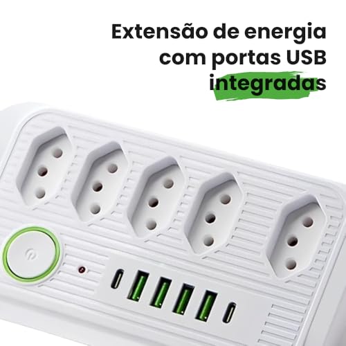 Extensão de Energia Filtro de Linha Régua de Energia com 5 Tomadas 4 USB-A e 2 USB Tipo-C Cabo 2 Metros Bivolt 110-220V Potência 2500W e Carregamento Inteligente Linha Premium (Branco)