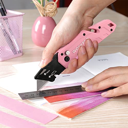 WORKPRO Folding Utility Knife, Quick Change Box Cutter, Pink Razor Knife for Cartons, Cardboard, Boxes, 10 Extra Blades Included - Pink Ribbon