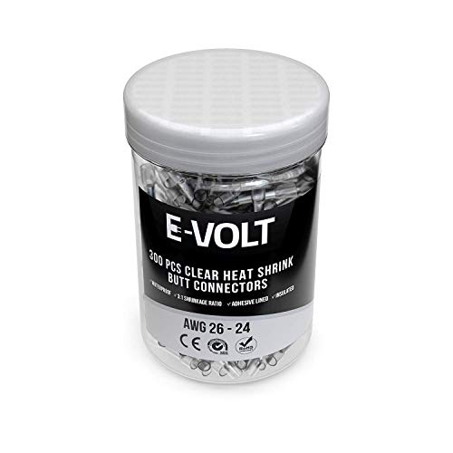 E-VOLT 300 PC Butt Connectors - Weather Resistant Heat Shrink Butt Splicer Terminals for 26 - 24 AWG Wire - Industrial Grade Bulk Insulated Crimp Connectors for Marine, Audio and Automotive