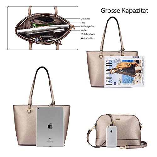 LOVEVOOK Handtasche Damen Shopper Schultertasche Blau Umhängetasche Damen Geldbörse Tragetasche Groß Damen Tasche Tote für Büro Schule Einkauf Reise Leder Handtasche 3-teiliges Set, Khaki, M
