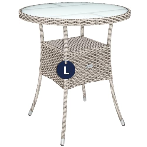 Casaria® Polyrattan Gartentisch 60cm Rund 5mm Sicherheitsglas Höhenverstellbar 80kg Belastbarkeit Wetterfest Terrasse Balkon Beistelltisch Tisch Beige