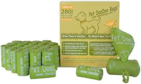 28 Rolls (280 Bags) Compostable Pet DooDooBags, ASTM D6400 / EN 13432 Approved, Free Dispenser Included