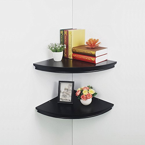 HAO Set of 2 Large Classic Radial Corner Wall Shelves MDF Floating Shelving Approx 17" Black