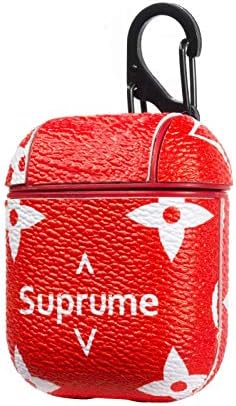 SJDFHSDUFN Retro Luxury Designer PU Leather Monogram Apple AirPods Leather Case（Front LED Not Visible）（Carabiner）- for Apple AirPods Charging Box Red