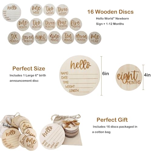 Wooden Milestone Cards and Discs 16pc Set for Baby Photos and First Year Milestones - New Parents and Baby Showers with 