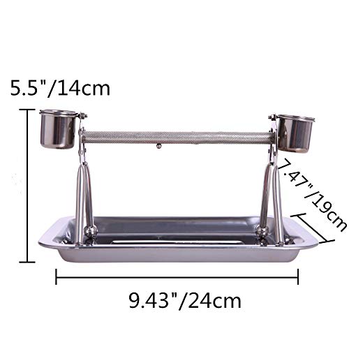 Bird Tabletop Perch Stand Stainless Steel Play Gym Playstand with Cups and Tray for Budgie Parakeet Cockatiel Conure (S)