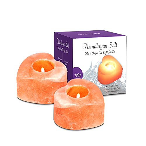 Nevlers 2 Pack Pure Himalayan Salt Candle Holders | Heart Shaped Himalayan Salt Tea Candle Holder | Hand Crafted Himalayan Tealight Holders | Salt Candle Holder for Decor | Salt Lamp Tealight Holders