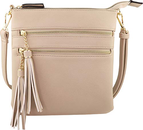 Vegan Mini Multi-Zipper Crossbody Handbag Purse with Tassel Accents with RFID Protection (Beige RF) - Thumbnail 7