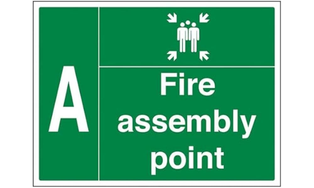V Safety Fire Assembly Point with Family and Letter A - 800x600mm 2mm Rigid Plastic Safety Sign