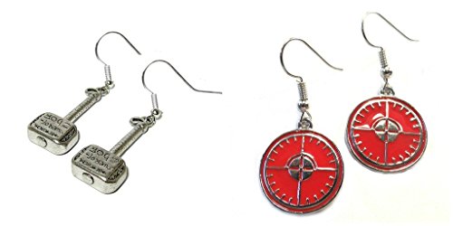 Thor Hammer With Writing and Hawkeye Logo Dangle Earrings w/Gift Box