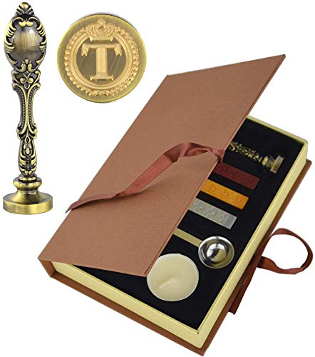 Hexint Vintage Initials Letter Wax Seal Stamp Kit，Retro Classical Sealing Wax Stamp with Metal Handle Gift Box Set Bronze Color(Letter T)