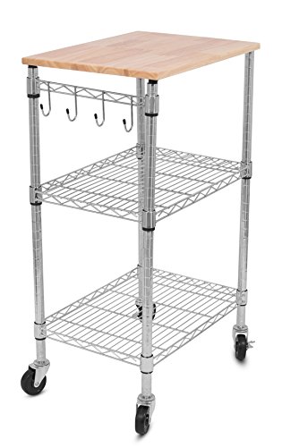 Internet's Best 3-Tier Kitchen Cart on Wheels - Kitchen Island Trolley with Locking Wheels - Appliances Microwave Stand - Removable Natural Wood Cutting Board - 4 Hooks Organizer Stainless Steel