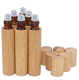 6 Pack Roll On Bottle,10ml Essential Oil Bottle Bamboo Shell,Amber Glass Inner with Stainless Steel Roller Ball Travel Perfumes Bottles Container Lip Gloss,Eye Cream Storage Opener&Pipette Included