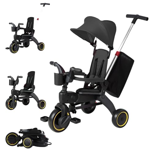 AM ANNA Folding Kids Tricycle, 5 in 1 Baby Trike W/Removable & Adjustable Canopy, Parent Handle, 5-Piont Safety Harness, Toddler Bike Stroller, EVA Wheels, Soft Armrest (Black with Storage Bag)