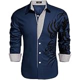 Men’s Blue Baroque Geometric Button-Down Shirt – Long Sleeve, Casual, Contrast Trim