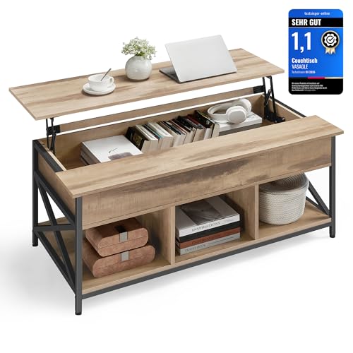 VASAGLE Couchtisch, höhenverstellbarer Wohnzimmertisch, Kaffeetisch, offener und versteckter Stauraum, X-Streben, 60 x 120 x (48-62) cm, Kamelbraun-sc