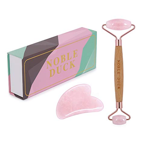 NOBLE DUCK Jade Roller and Gua Sha Set 100% Natural Rose Quartz Roller for Face Eyes Neck Body Massage Anti Aging Lengthen and Thicker Wooden Handle Comfortable to Grip