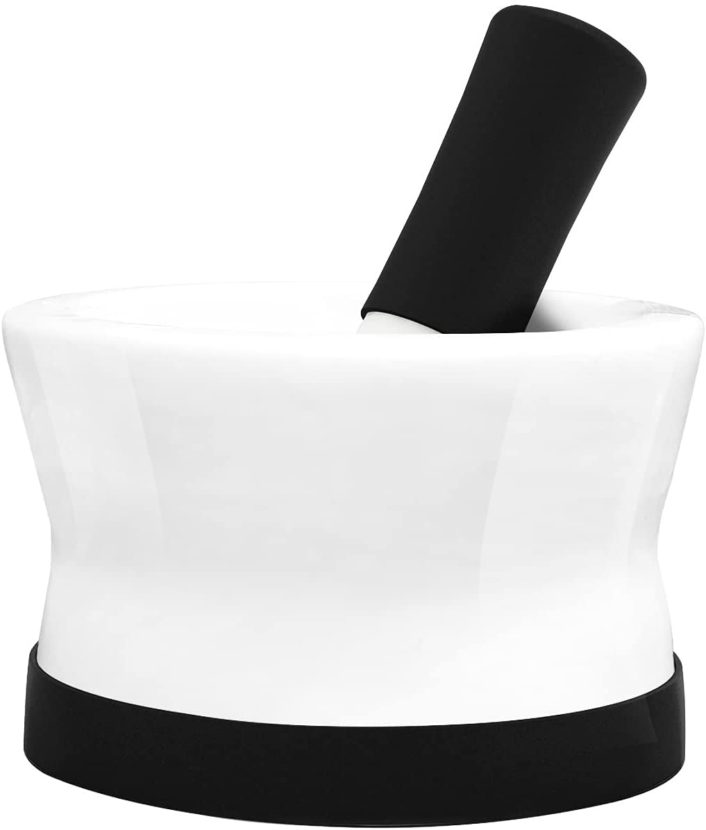 EZ-Grip Large Silicone & Ceramic Pestle and Mortar Set with Non-Slip Detachable Silicone Base - Dishwasher Safe Mortar and Pestle by Cooler Kitchen (White and Black)