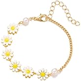 Cute Daisy Bracelet for Women 14K Gold-Tone Plated Dainty Flower Charms Link Bracelets Adjustable Chain Friendship Sunflower Summer Holiday Trendy Jewelry Party Beach Daughter Girlfriend