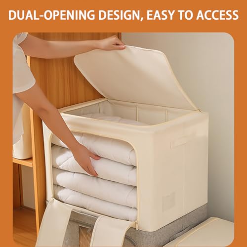 Ymlike 2 Pack Clothes Organizer Box Storage, Foldable Metal Frame Clothing Storing Bins with Double Visable Window, Large Capacity Cloth Container with Reinforced Handles, (66 L) (Cream Yellow)